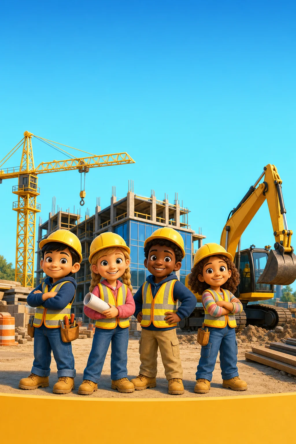 Coloring book cover artwork: four children in hard hats and safety vests stand in front of a tower crane, an excavator, and a half-built glass building.
