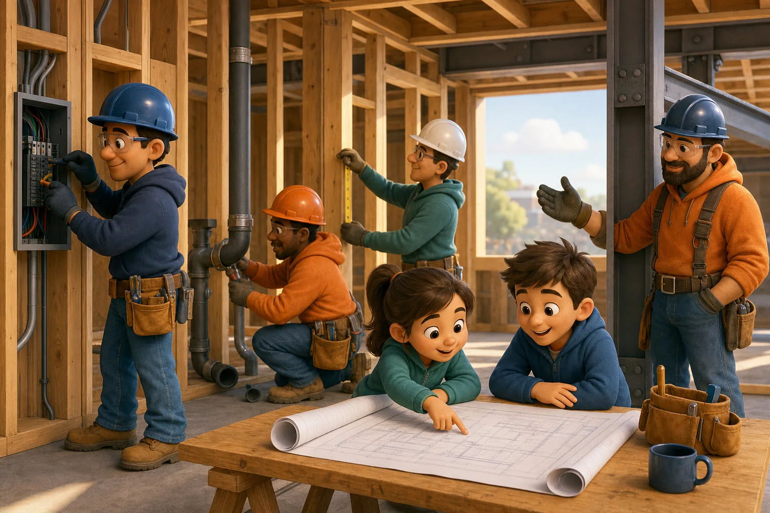 Inside a building under construction, an electrician, plumber, carpenter and ironworker work while two children study a blueprint on a worktable.